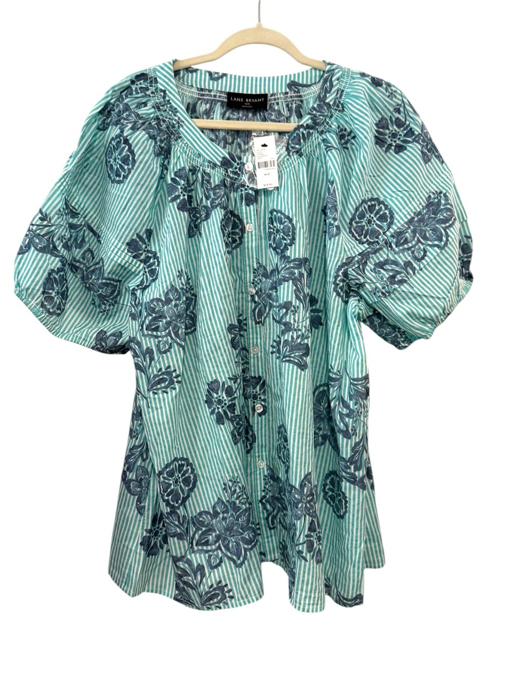 NWT Lane Bryant 18/20 Floral Stripe Cotton Puff Sleeve Button Front Blouse